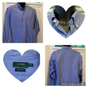 LAUREN RALPH LAUREN 100% Cotton Blue White Check Dress Shirt 16.5 32/33 L Pocket
